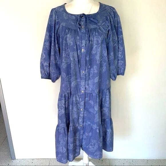 Models Coat Lounge Dress Size 12 Womens Tiered Blue Chambray Floral Poly Blend - Picture 11 of 12